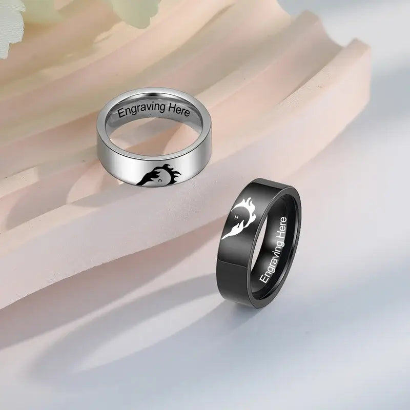 Initiale Paar-Ringe | Herz-Matching-Ringe | Sein und Ihr Ring mit Gravur | 2 Stücke