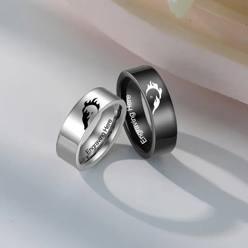 Initiale Paar-Ringe | Herz-Matching-Ringe | Sein und Ihr Ring mit Gravur | 2 Stücke
