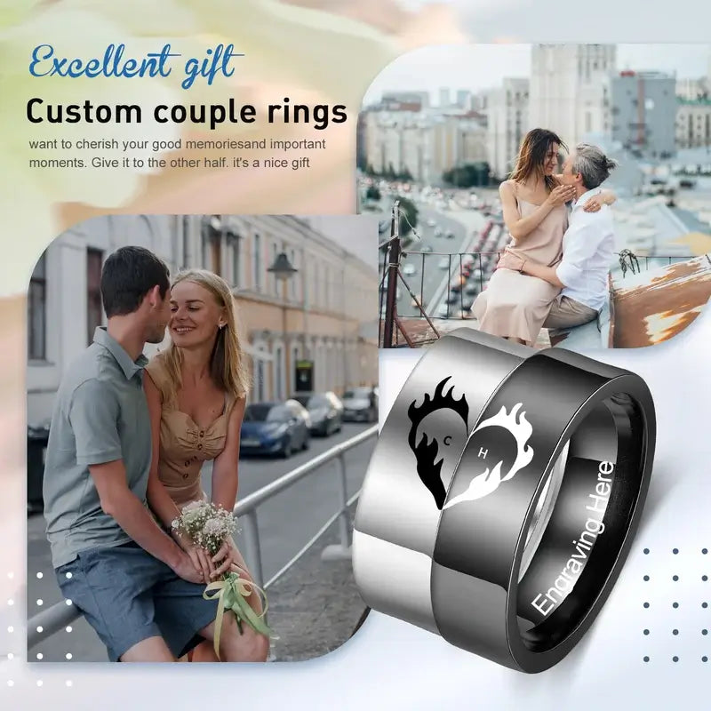 Initiale Paar-Ringe | Herz-Matching-Ringe | Sein und Ihr Ring mit Gravur | 2 Stücke
