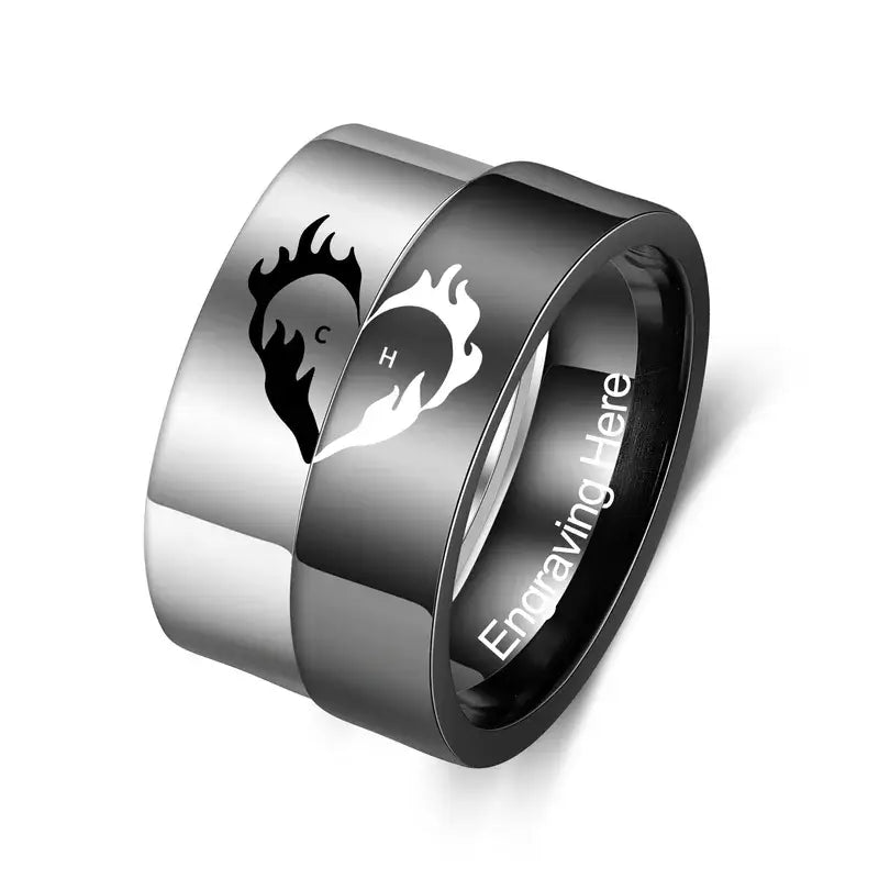 Initiale Paar-Ringe | Herz-Matching-Ringe | Sein und Ihr Ring mit Gravur | 2 Stücke
