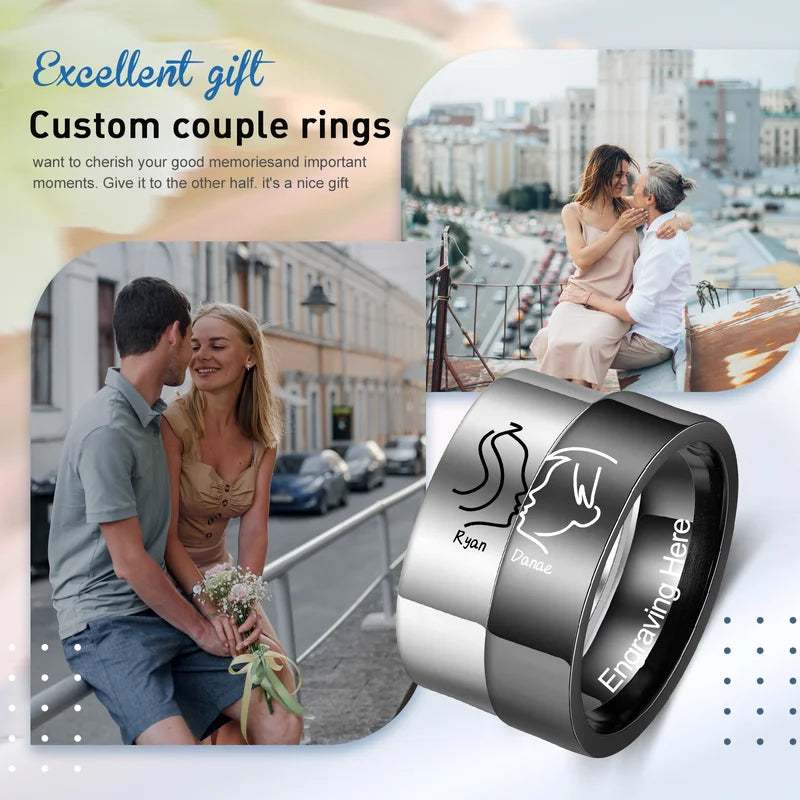Couple Rings with Name | Kiss Matching Rings | His and Hers Ring with Engraving | 2 Pieces