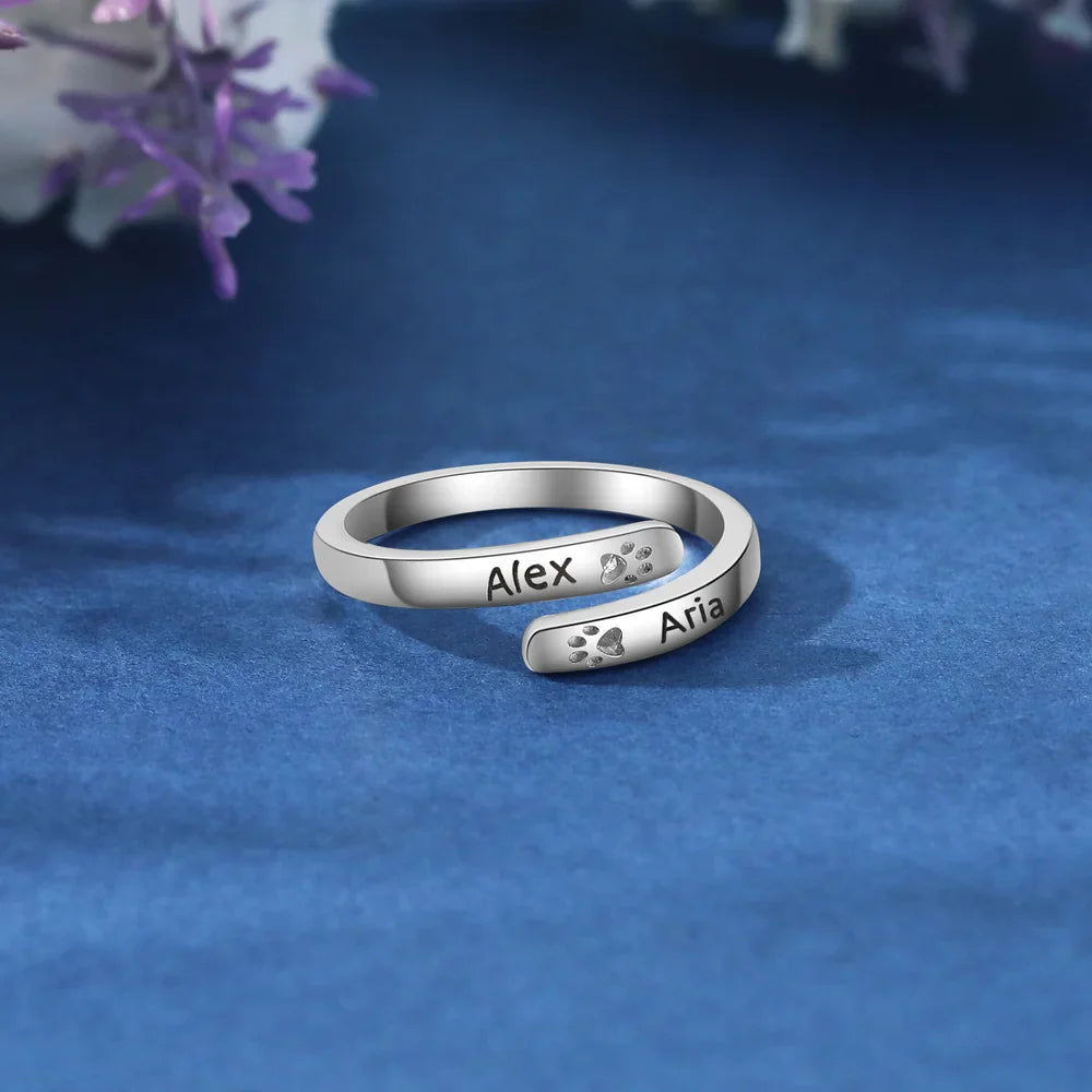 Offener Pfotenabdruck personalisierter Ring, Pfotenabdruck Namensring, individuell gravierter Ring