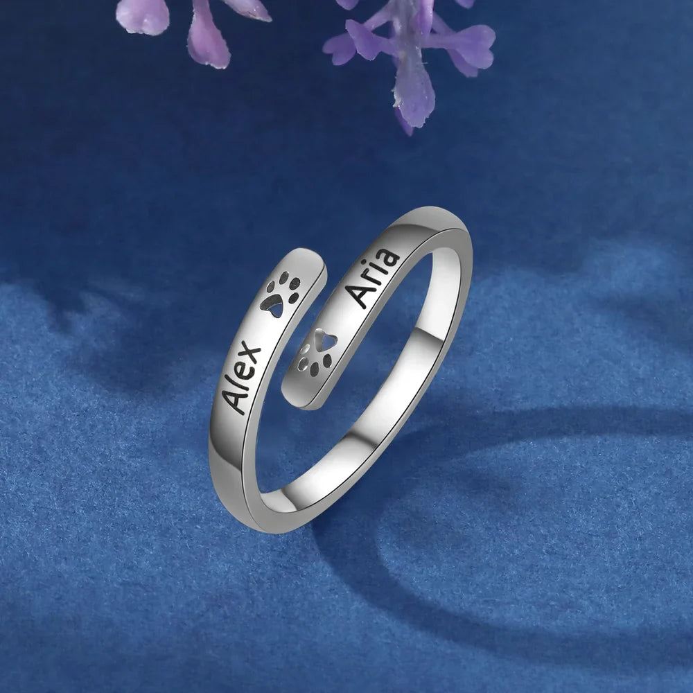 Offener Pfotenabdruck personalisierter Ring, Pfotenabdruck Namensring, individuell gravierter Ring