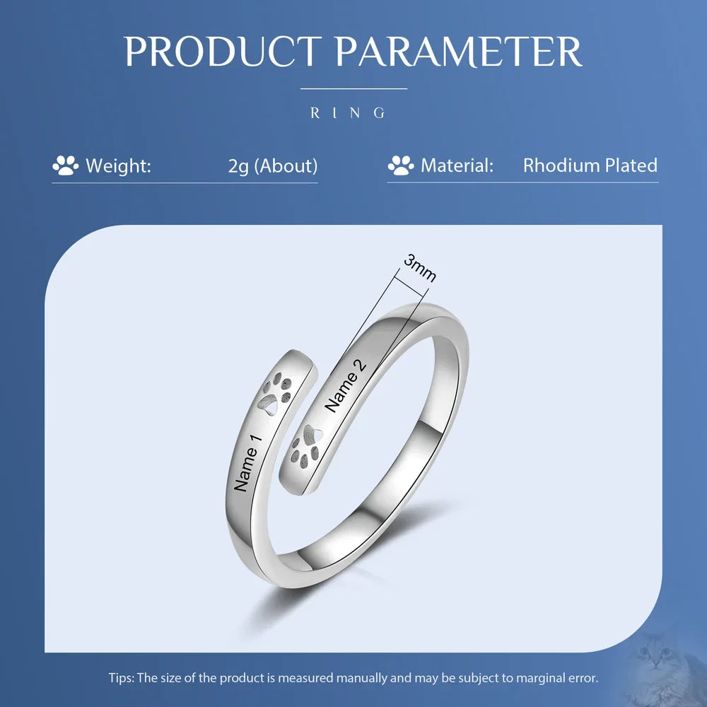 Offener Pfotenabdruck personalisierter Ring, Pfotenabdruck Namensring, individuell gravierter Ring