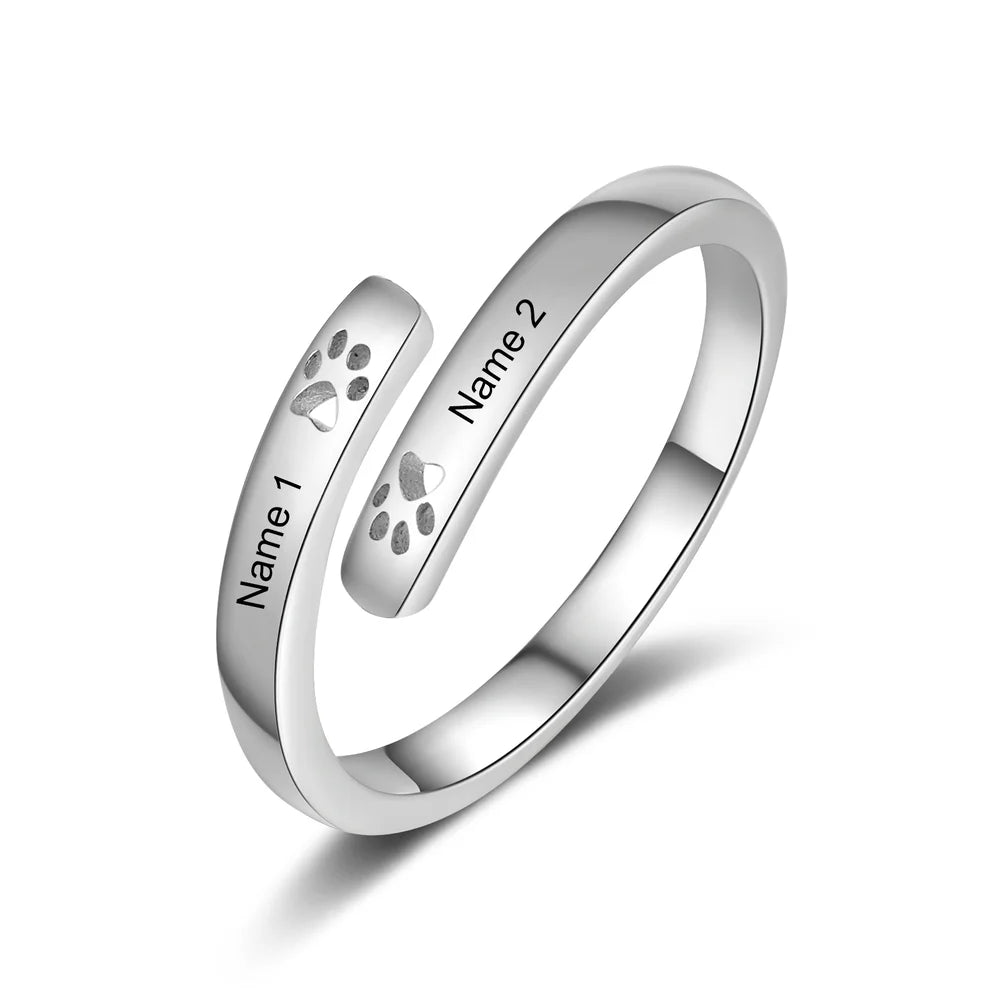 Offener Pfotenabdruck personalisierter Ring, Pfotenabdruck Namensring, individuell gravierter Ring