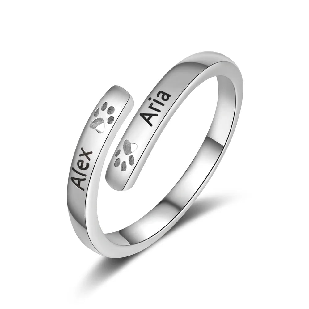 Offener Pfotenabdruck personalisierter Ring, Pfotenabdruck Namensring, individuell gravierter Ring