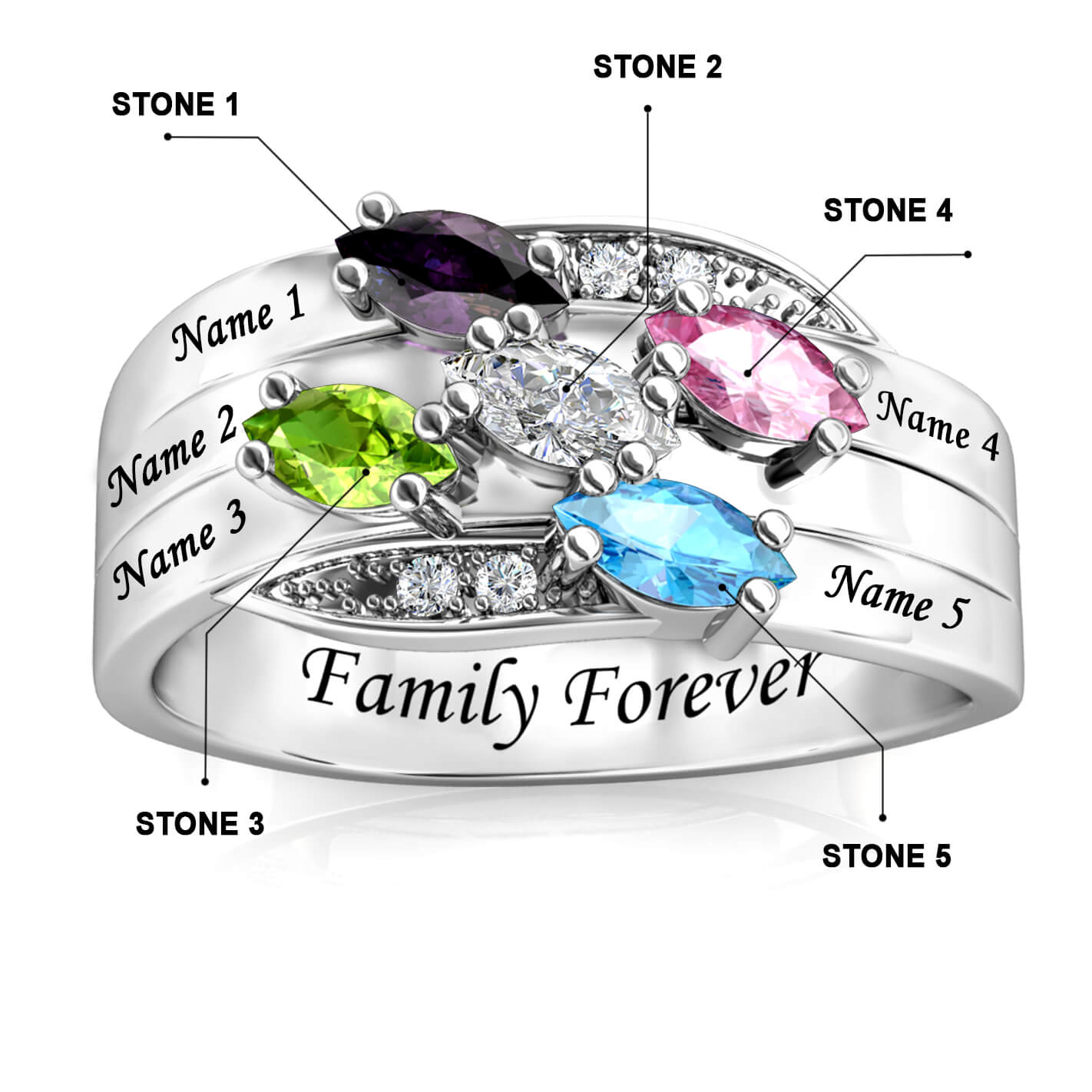 Personalisierter Ring für Mama, Gravur Name Ring für sie, 5 Geburtssteine Ring