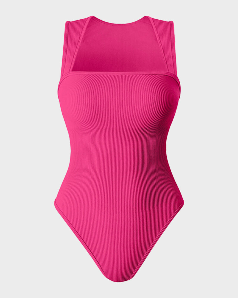 Schickes geripptes Quadrat-Ausschnitt-Bodysuit