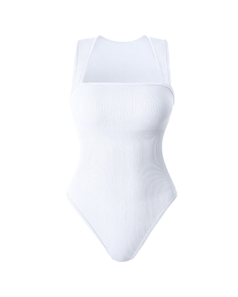 Schickes geripptes Quadrat-Ausschnitt-Bodysuit