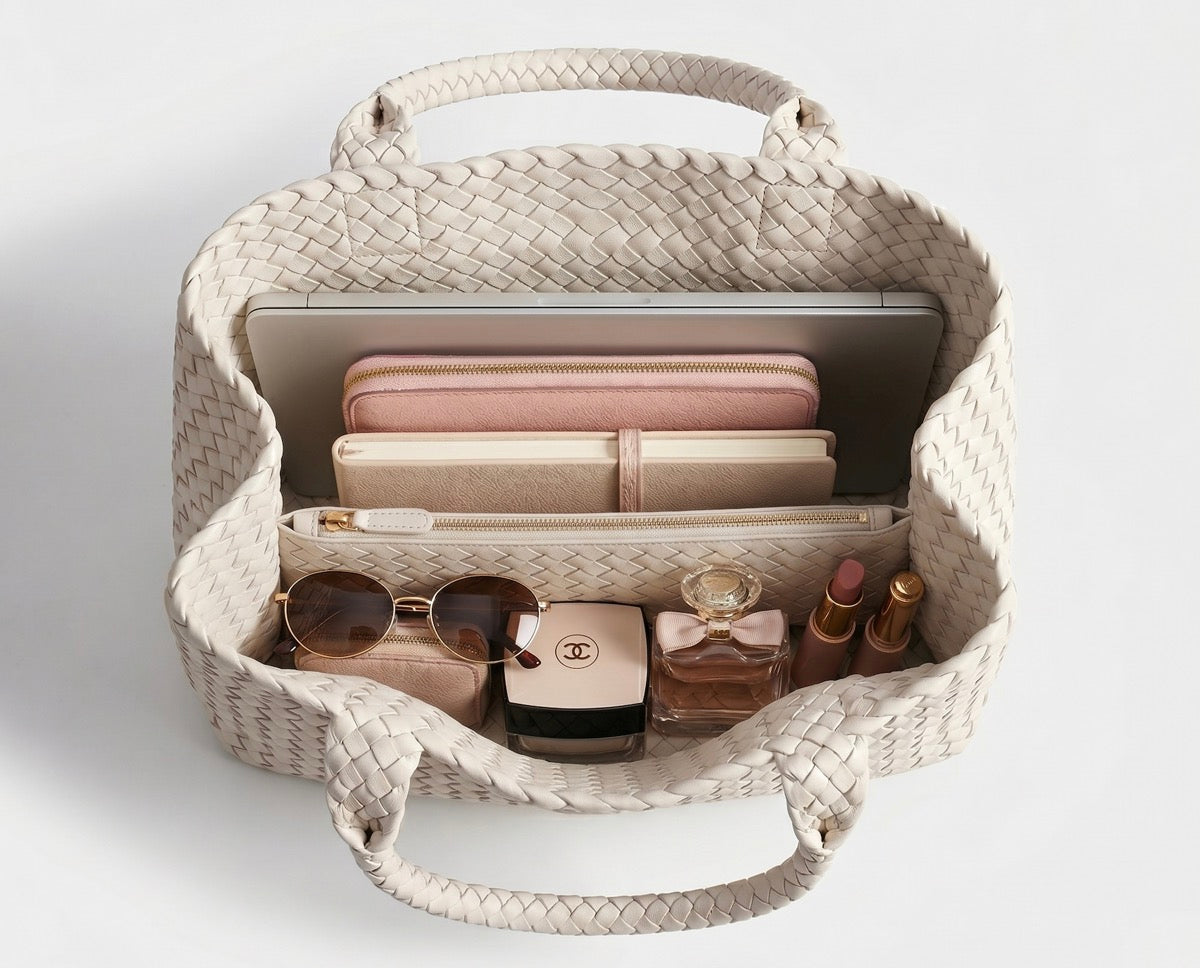 What fits inside the Elara Woven Luxe Tote