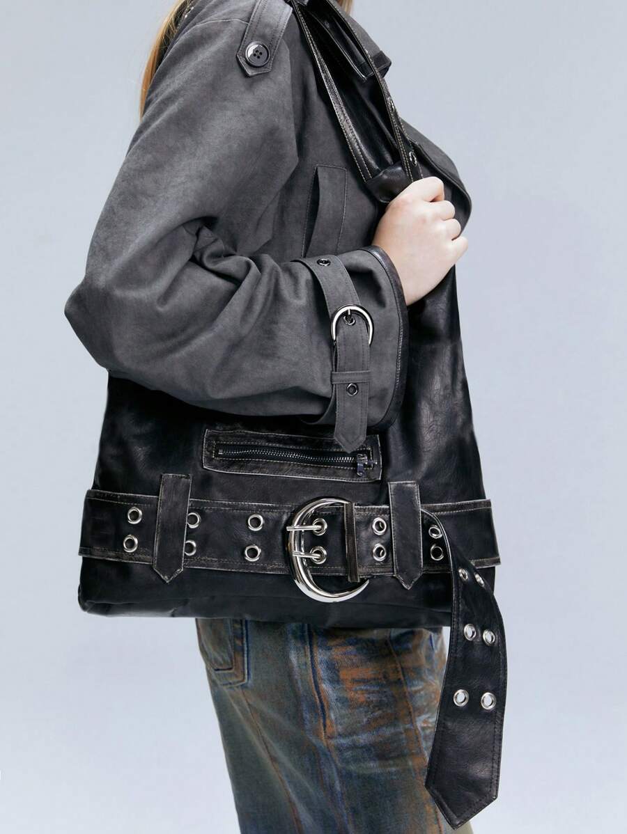 Rebel Luxe Distressed Buckle Hobo Bag