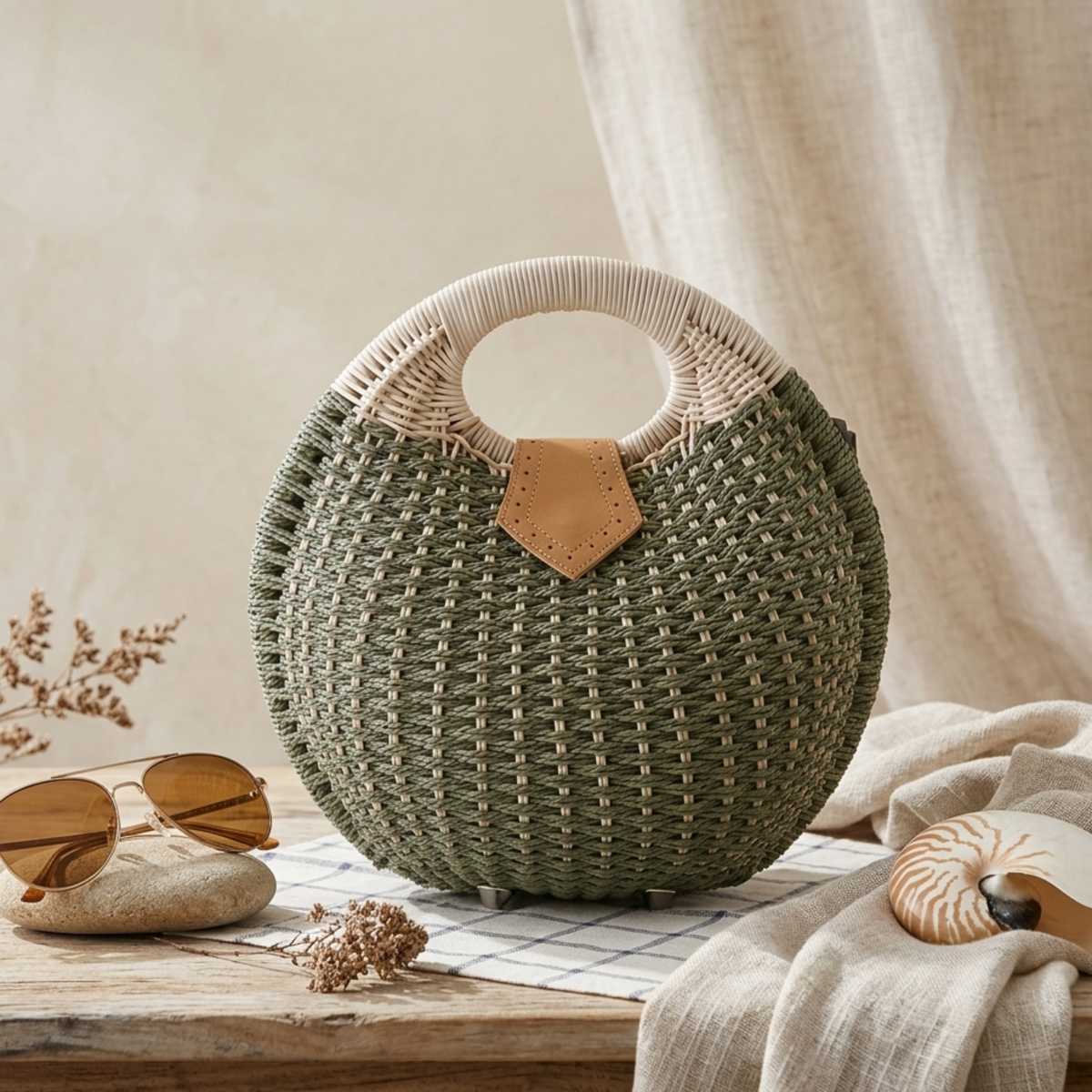 Handgewebte Rattanschale Runde Handtasche – Nachhaltige Tasche