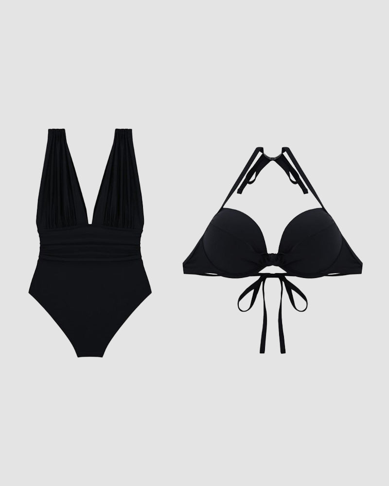 Ariadné Badeanzug mit tiefem Ausschnitt und gerafftem Design, zweiteilig mit Neckholder-BH