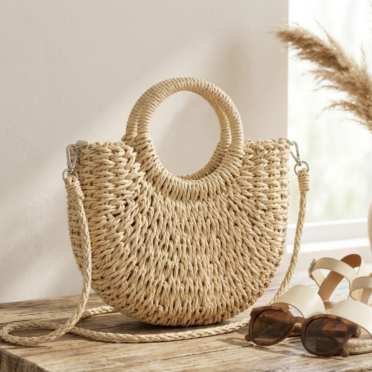 Mondförmige handgefertigte Strohtasche für den Strand – Nachhaltige Tasche
