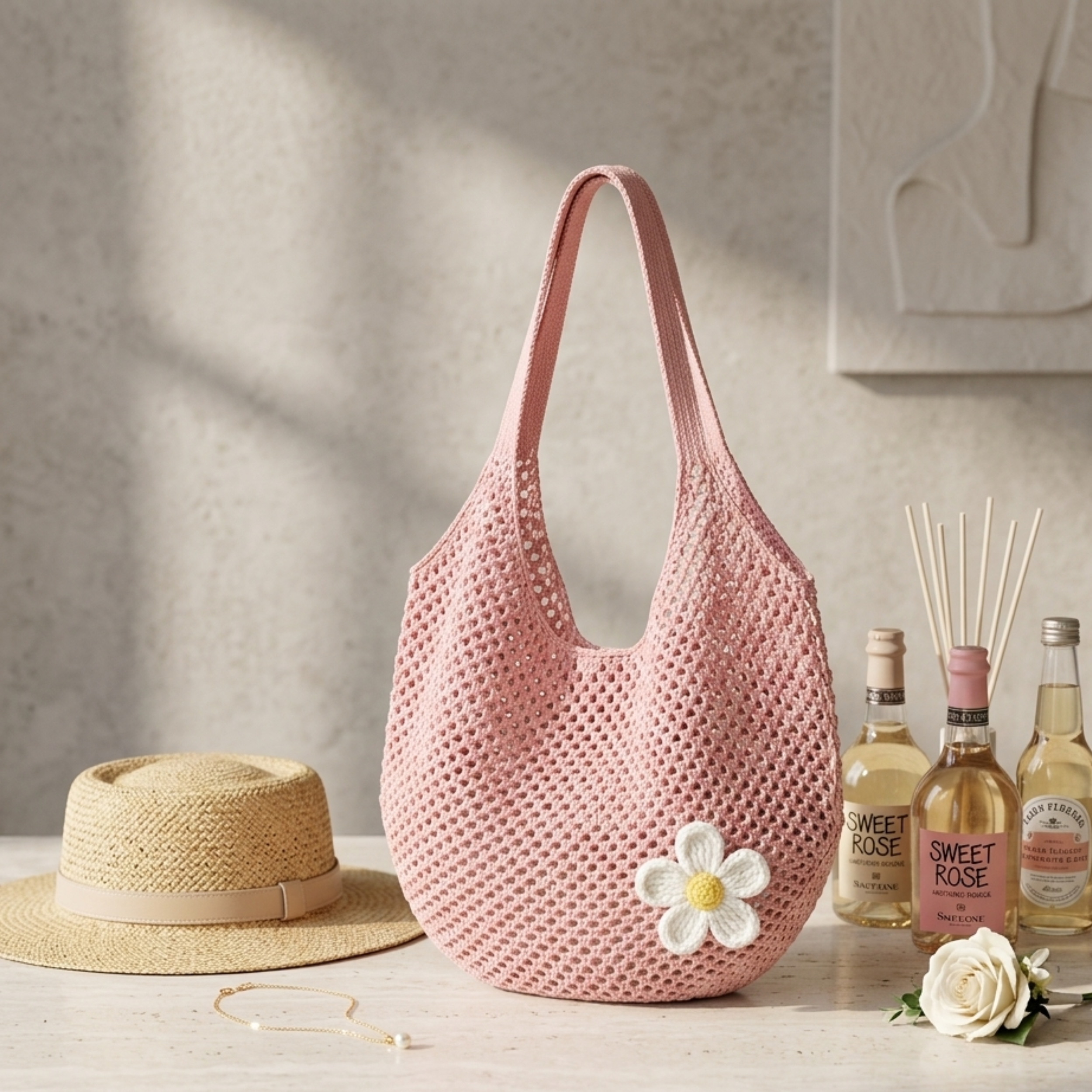 Lone Petal Hollow-Out Knitted Tote Bag – Sustainable Bag