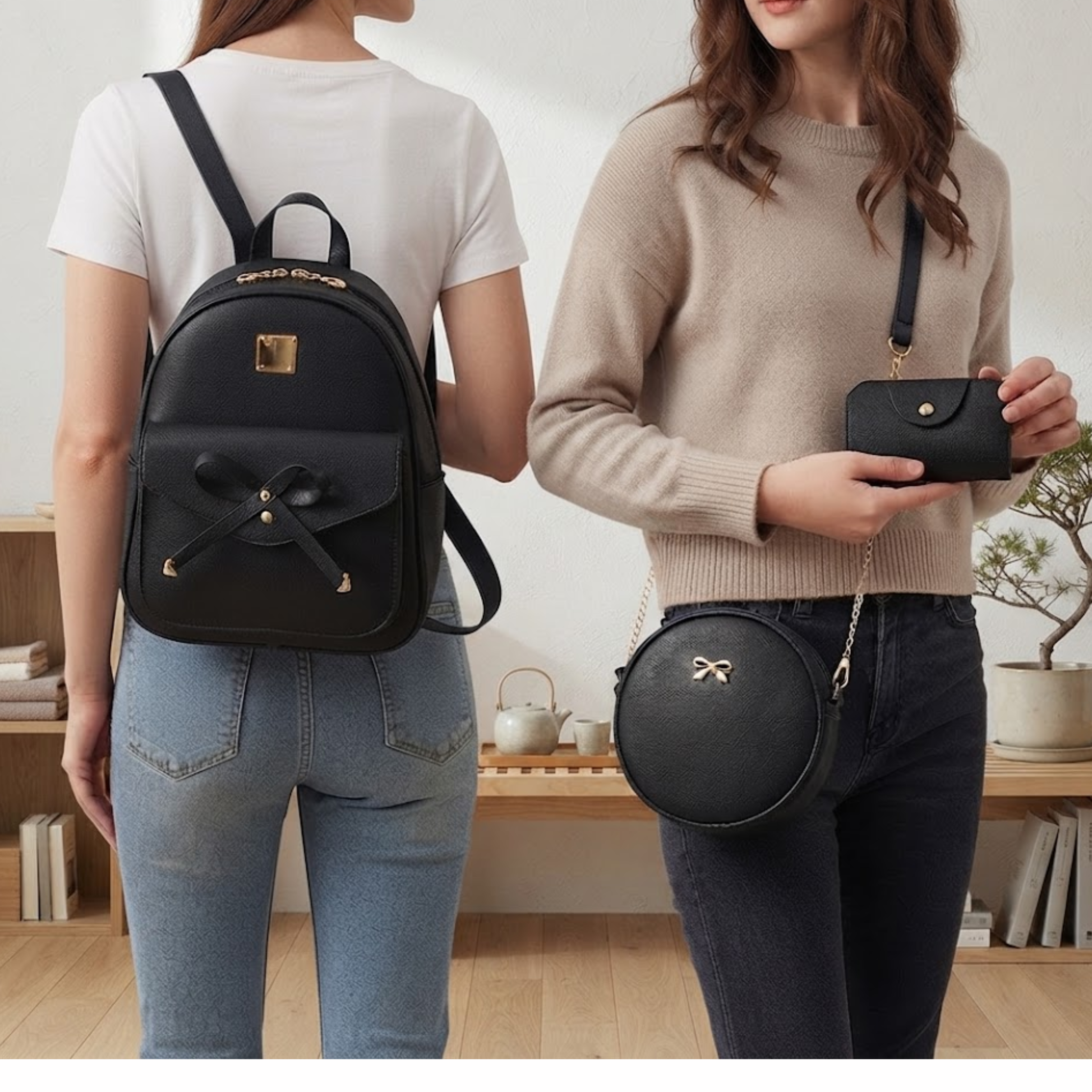 Jalene Chic 3-teiliges Rucksack- und Handtaschen-Set mit Schleife