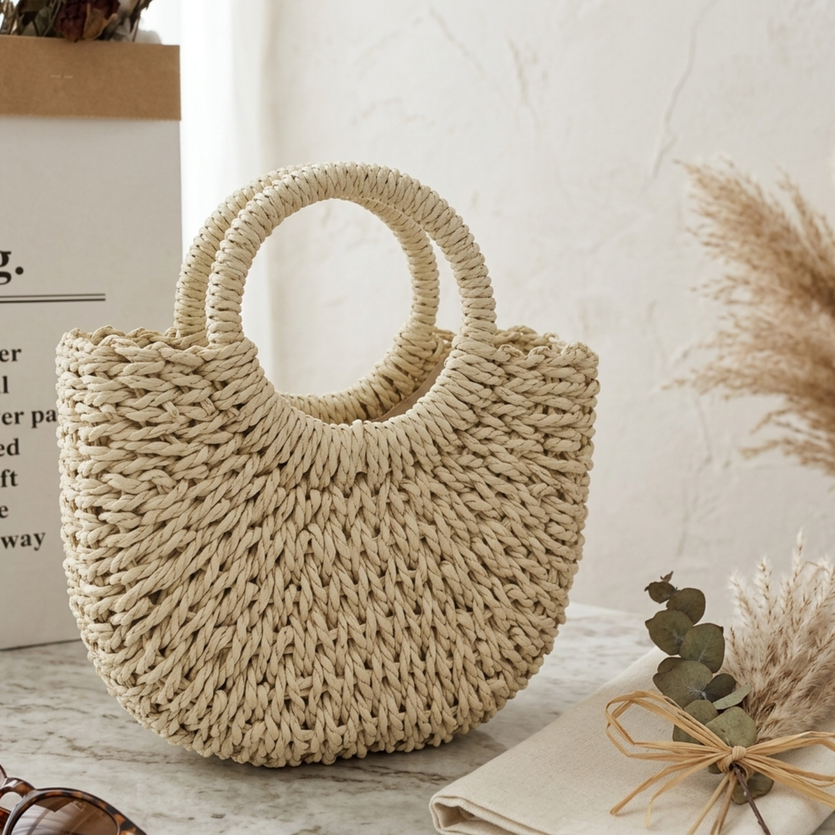 Handgefertigte Boho-Halbrund-Korb-Tasche – Nachhaltige Handtasche