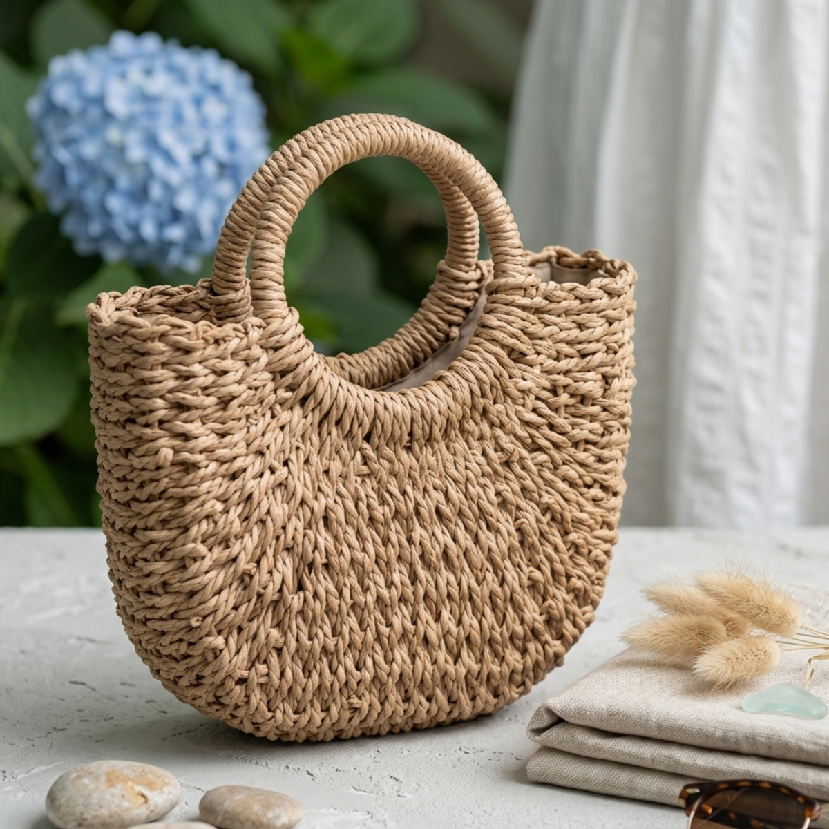 Handgefertigte Boho-Halbrund-Korb-Tasche – Nachhaltige Handtasche