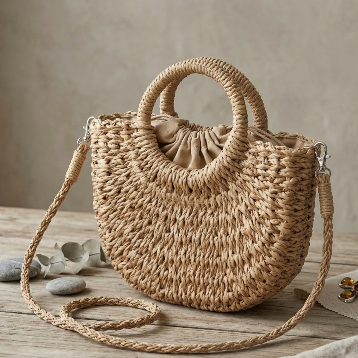 Handgefertigte Boho-Halbrund-Korb-Tasche – Nachhaltige Handtasche