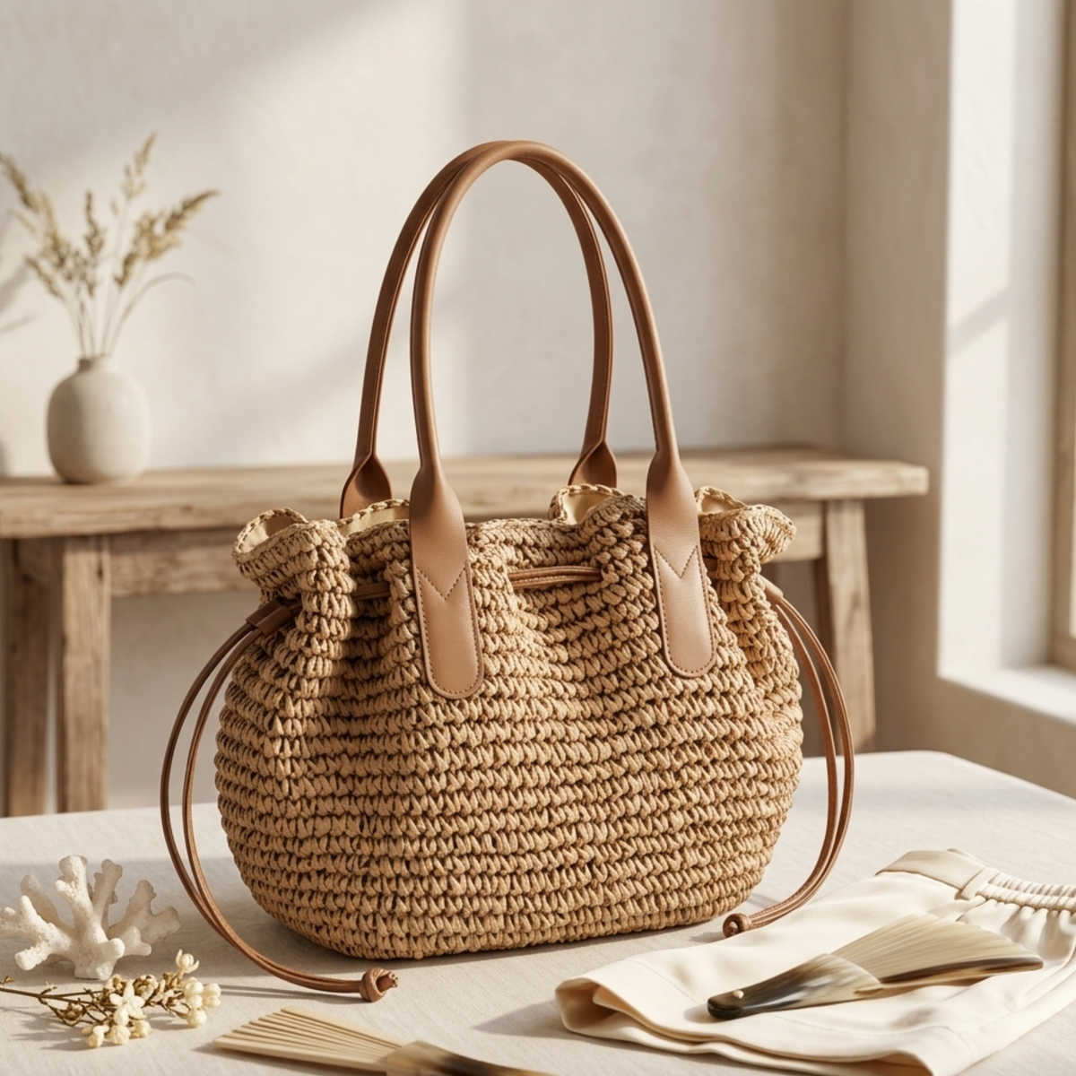 Premium handgewebte Strohtasche mit Kordelzug-Schulterriemen – Nachhaltige Tasche