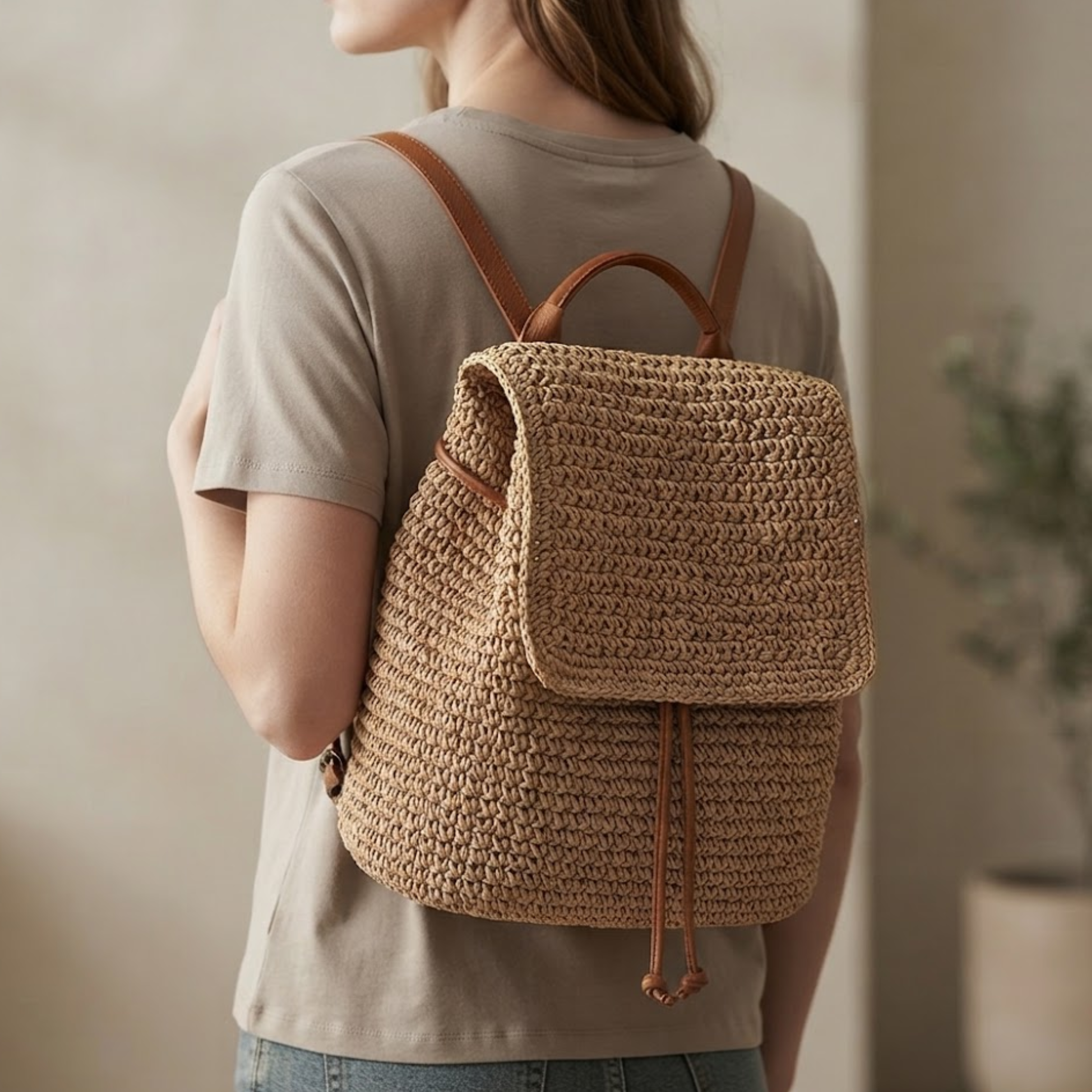 Gwen Boho Woven Straw Flap Backpack
