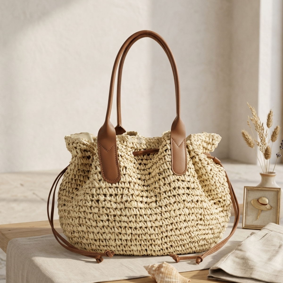 Premium handgewebte Strohtasche mit Kordelzug-Schulterriemen – Nachhaltige Tasche