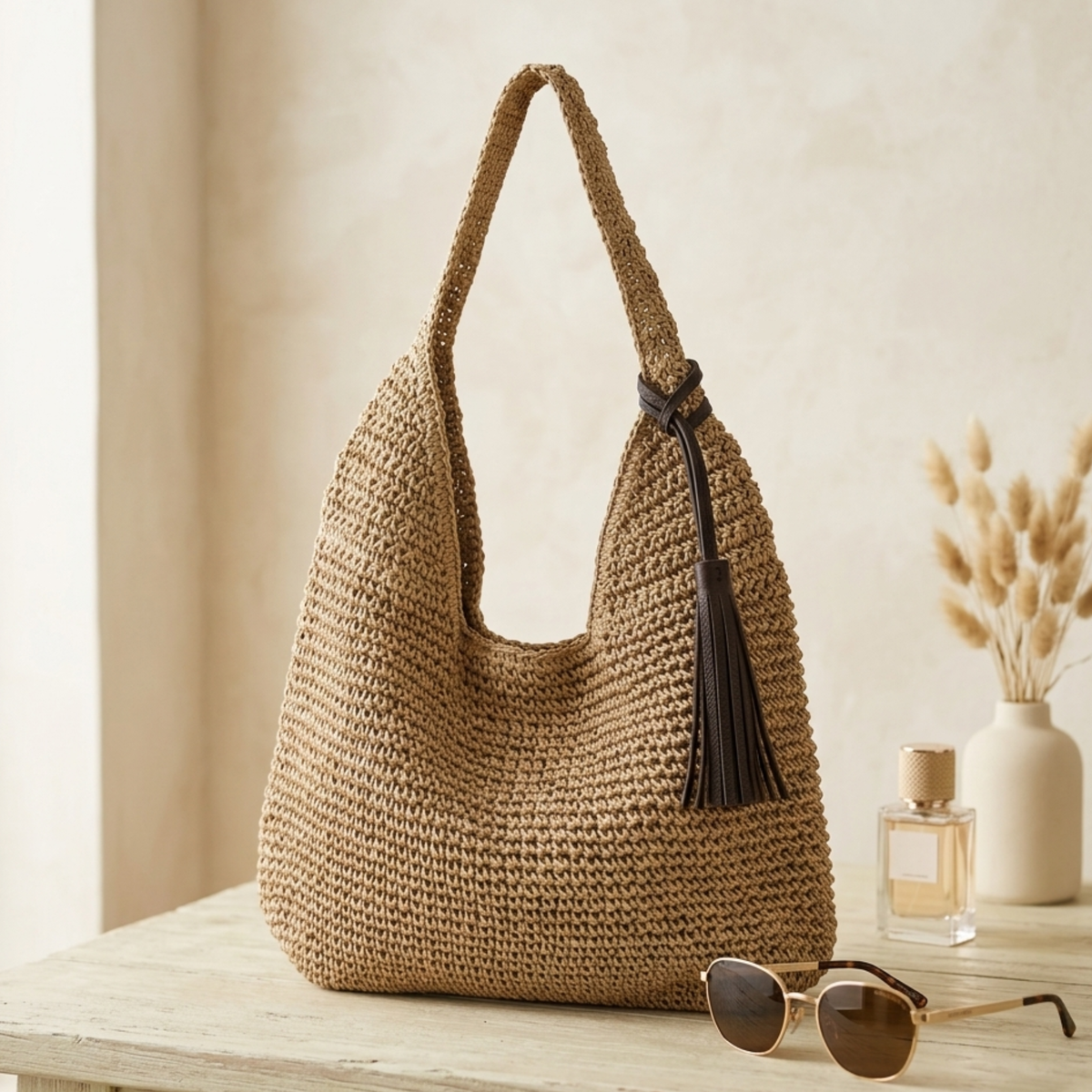 Geräumige handgewebte Schultertasche aus Stroh – Nachhaltige Tasche