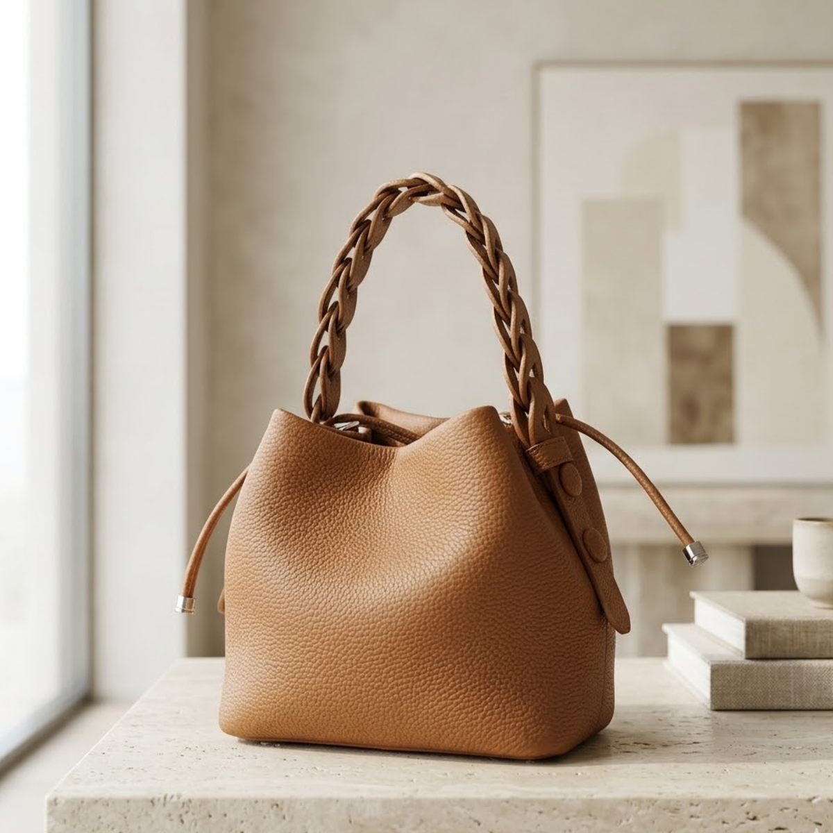 Olythéa Echte Leder Bucket Bag aus hochwertigem Narbenleder