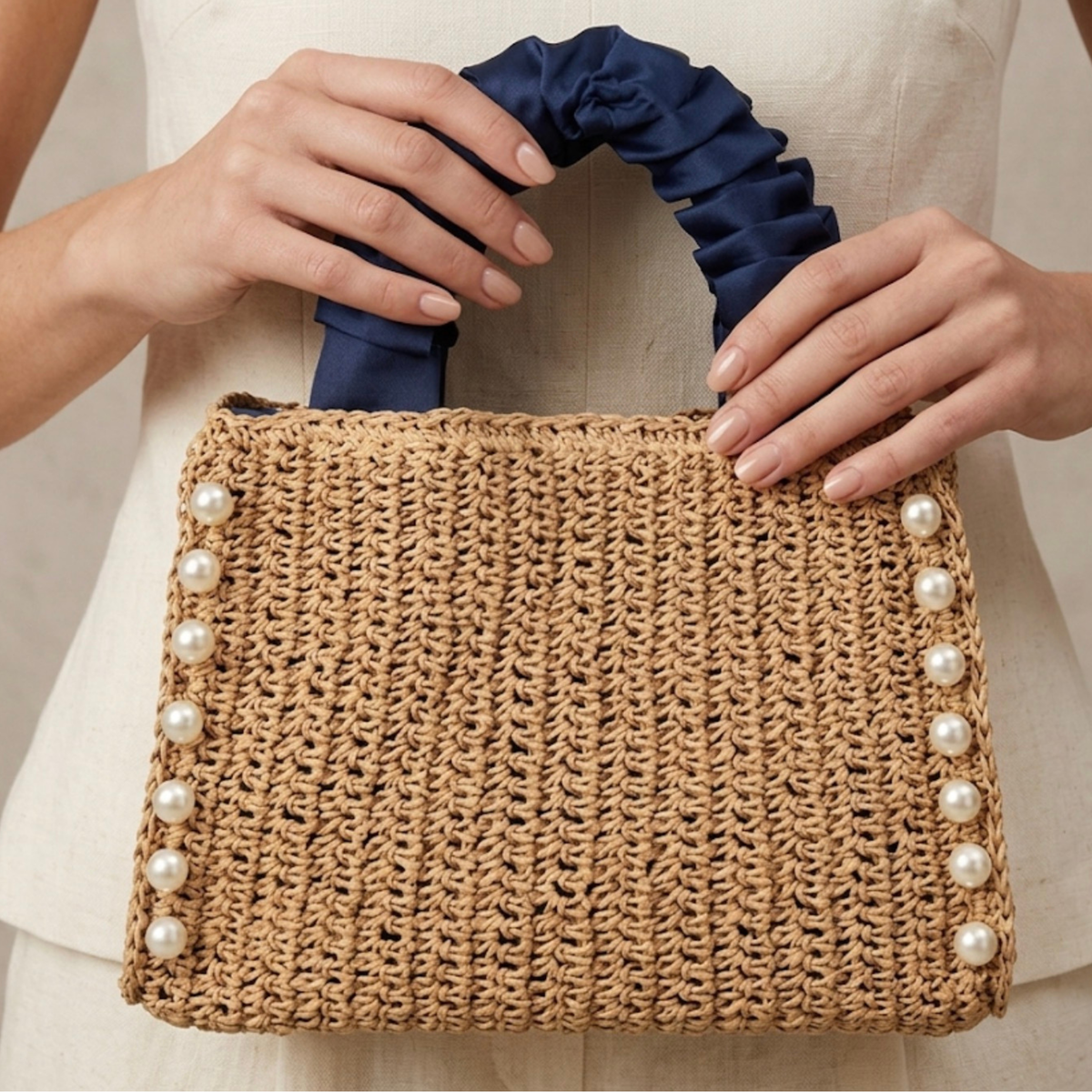Boho-Tasche mit Perlenbesatz, gerafftem Griff und gewebtem Design – Nachhaltige Tasche