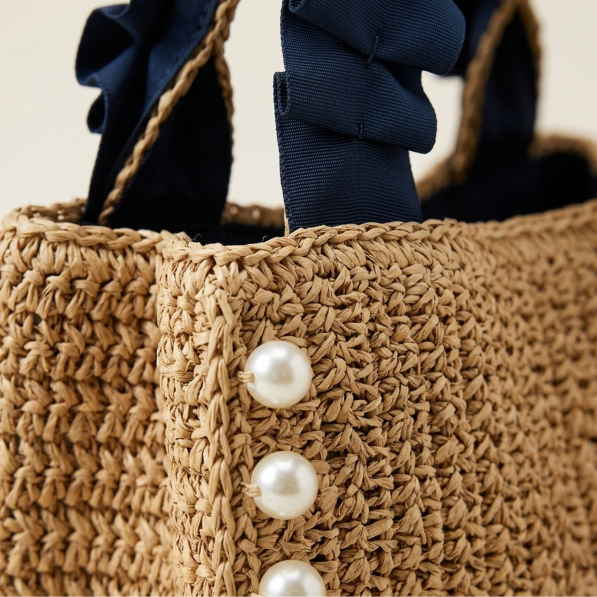 Bohemian Pearl-Embellished Ruched Handle Woven Handbag - Sustainable Bag