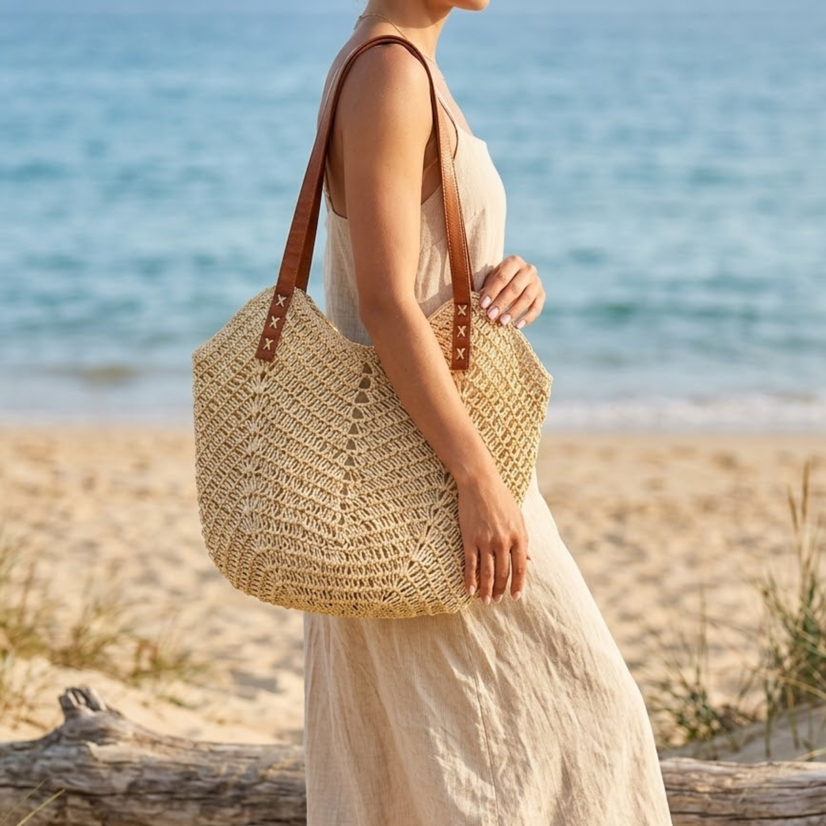 Coastal Classic handgewebte Raffia Coastal Strandtasche mit Schulterriemen – nachhaltige Tasche