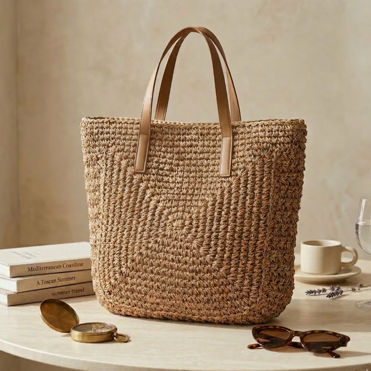 Sommer Chic Handgewebte Raffia Küsten-Strandtasche mit Schulterriemen – Nachhaltige Tasche