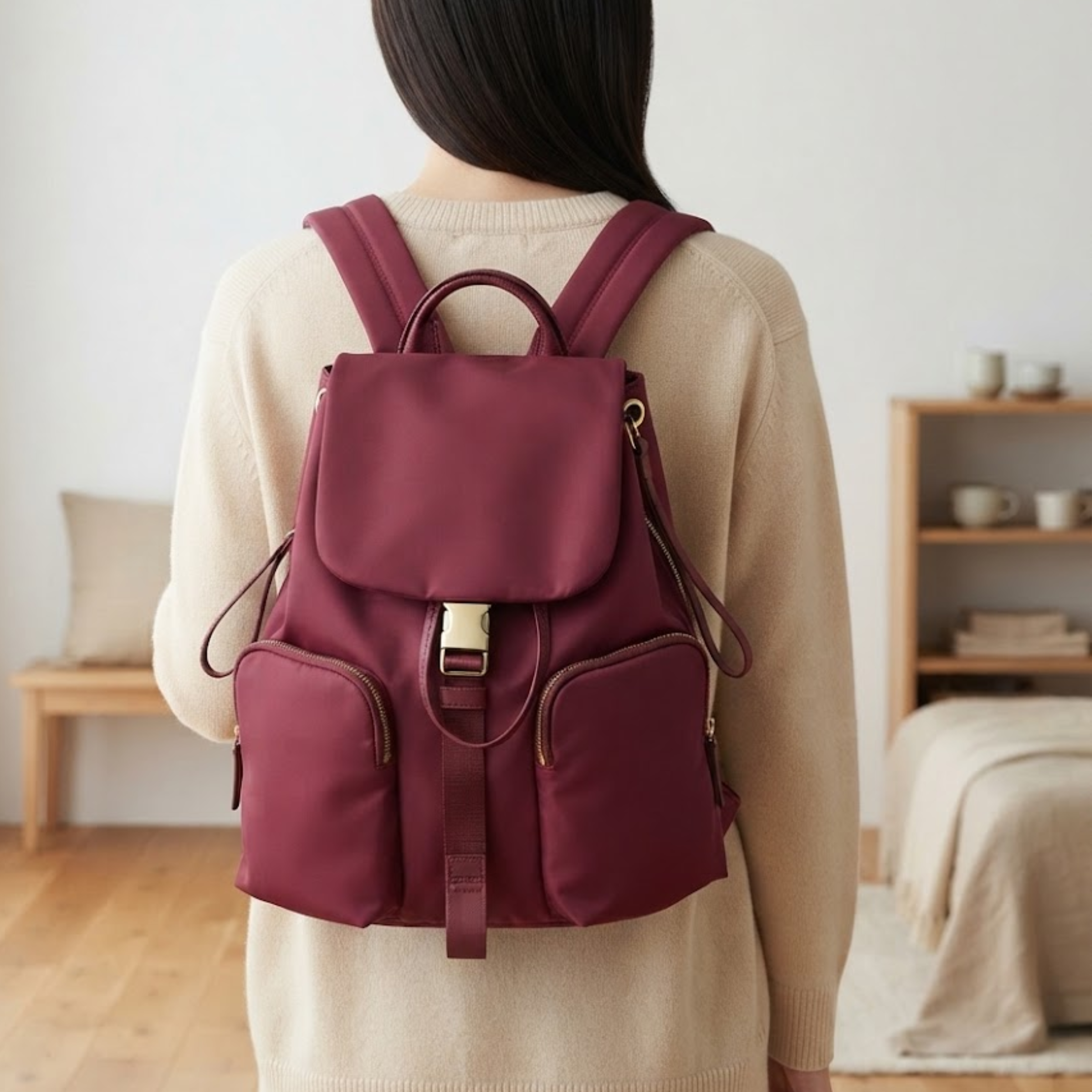 Karminroter Nylon-Rucksack mit Kordelzug