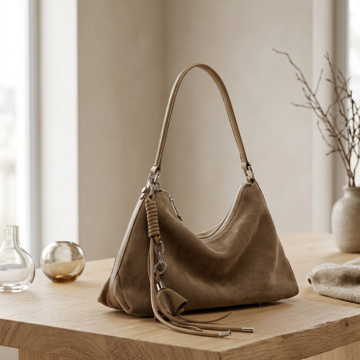Luxéa Echtleder-Hobo-Tasche mit geflochtenem Detail und Quastenakzent