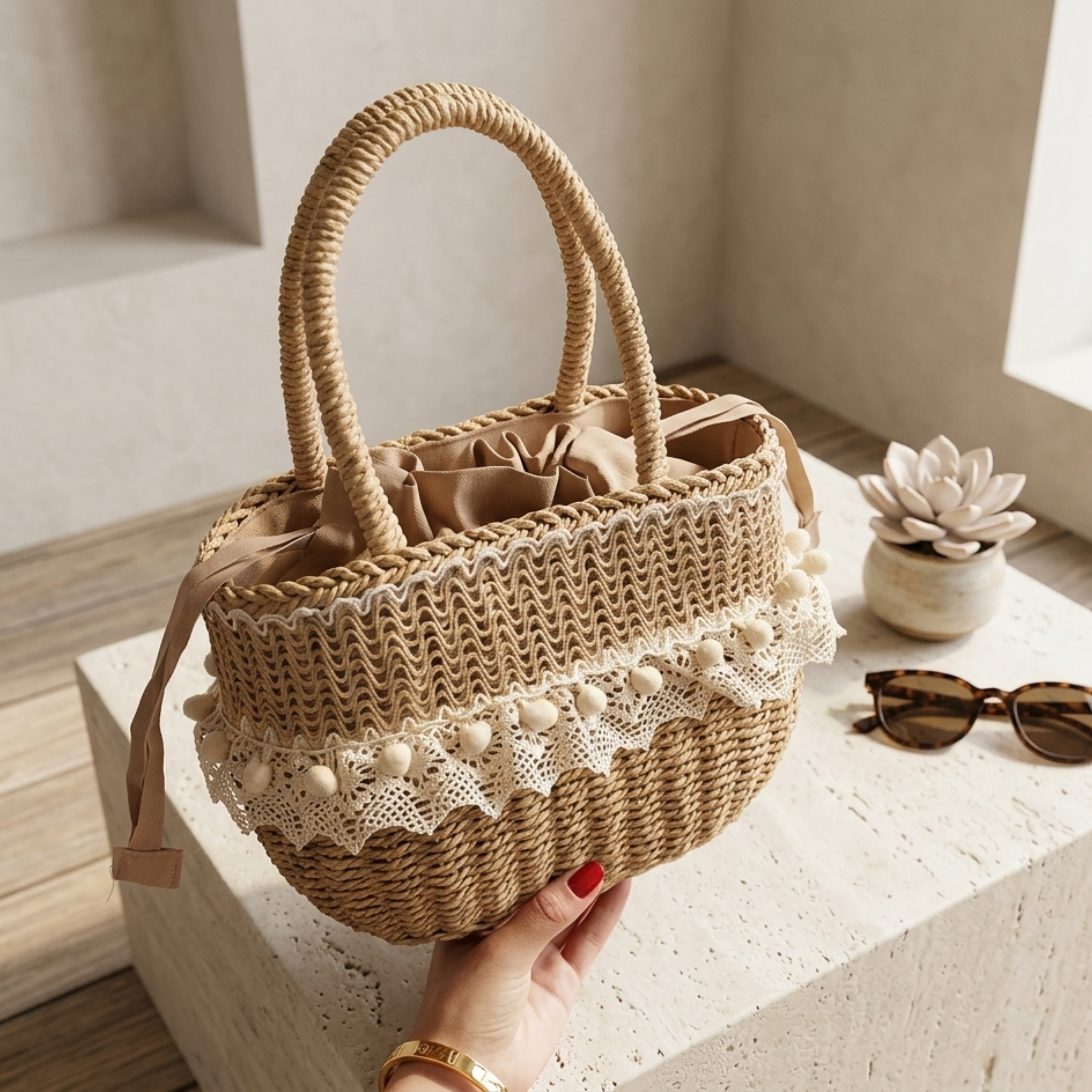 Handcrafted Straw Woven Purse with Lace Detail Handbag – Sustainable Bag