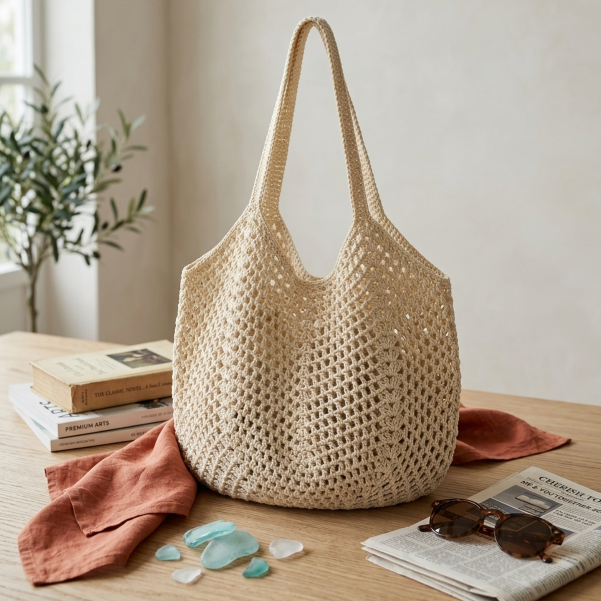 Retro handgestrickte, hohl gewebte Schultertasche – nachhaltige Tasche