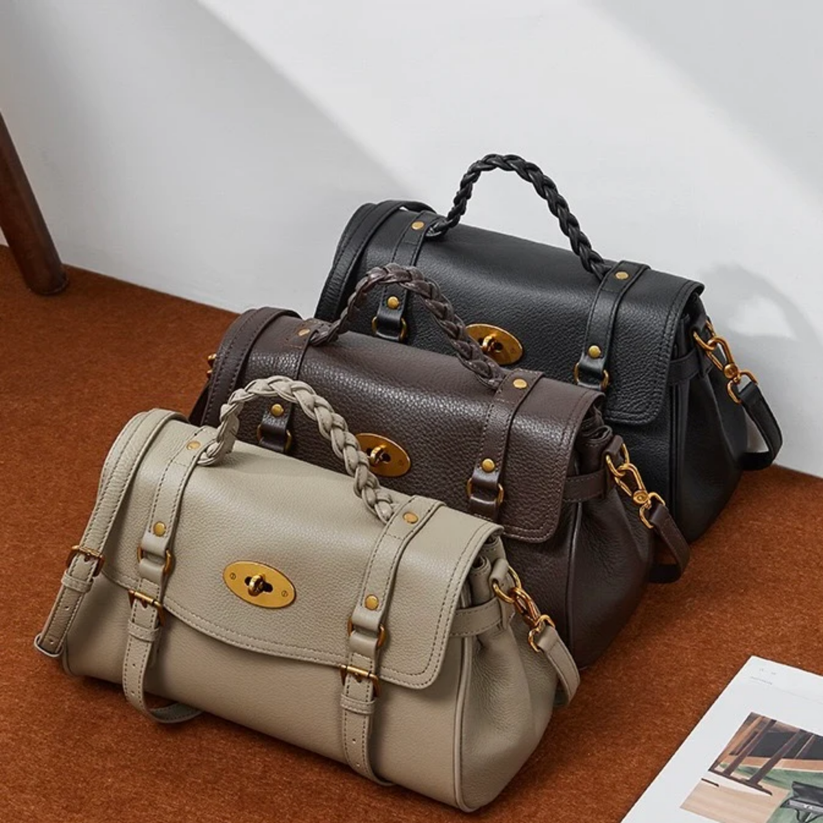 Solévia Geniune Leather Satchel with Braided Handle