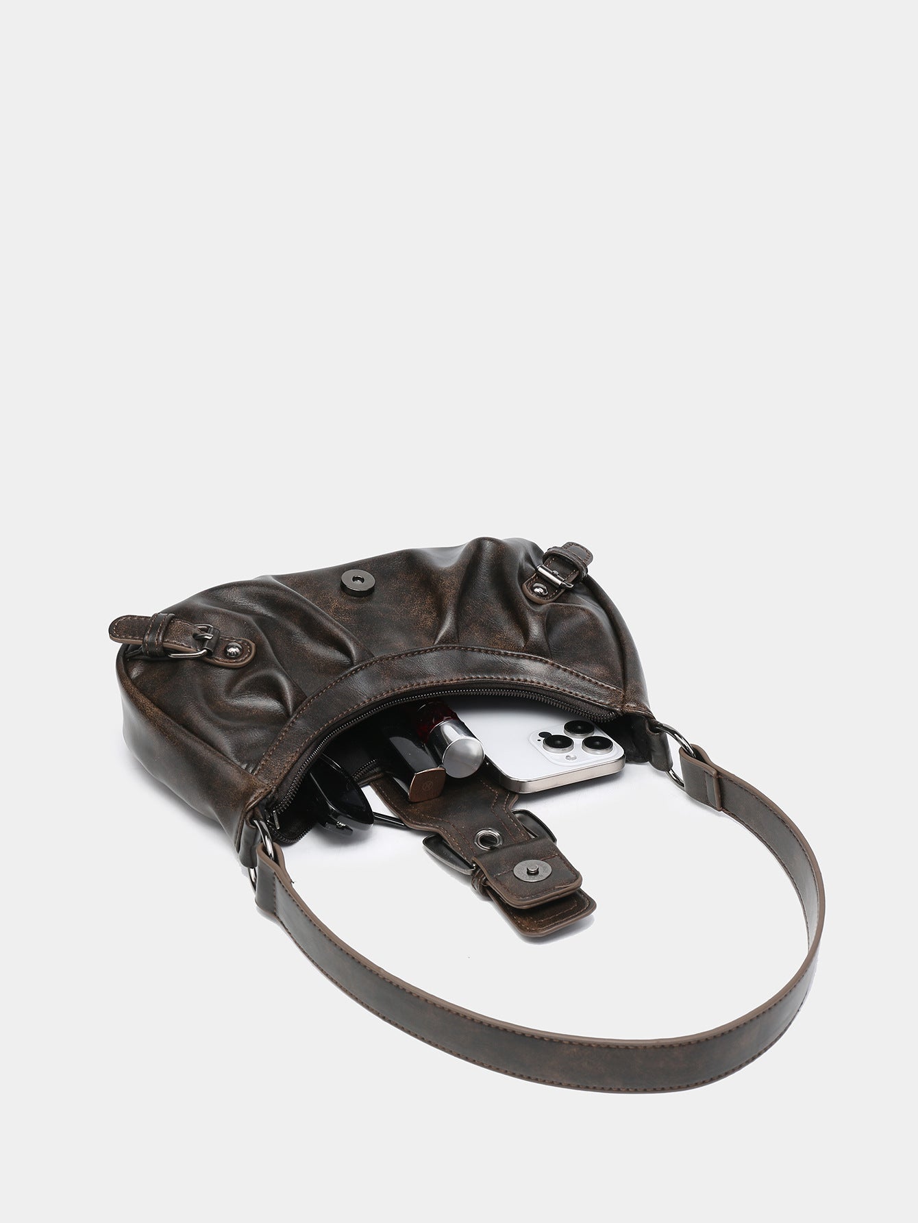 Urban Muse Distressed Faux Leather Buckle Hobo Bag