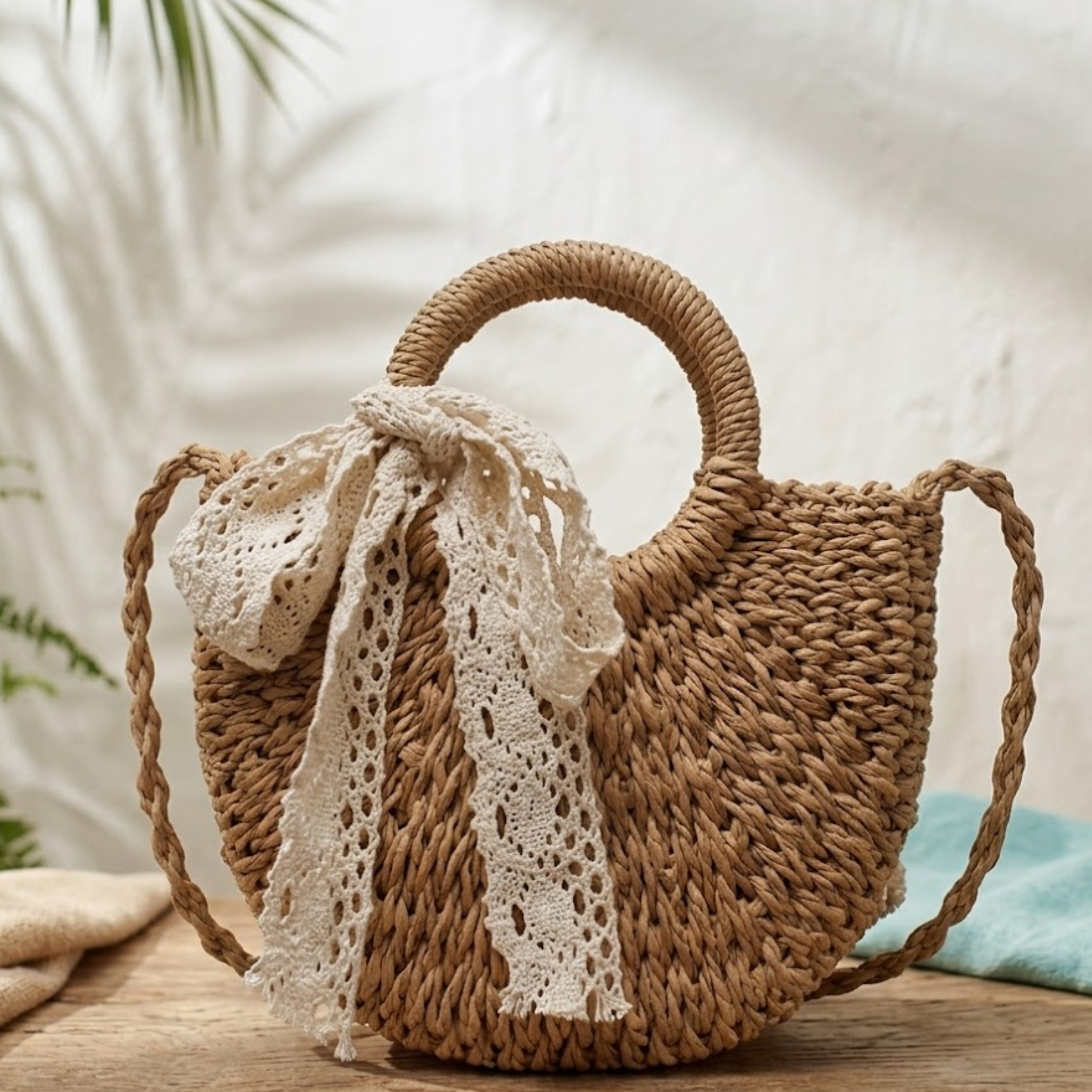Handcrafted Half-Round Rattan Woven Crossbody Handbag - Sustainable Bag